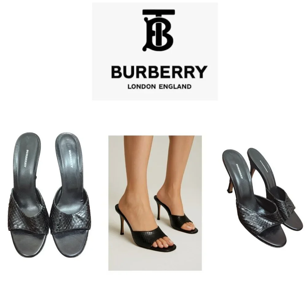 Burberry Black Snakeskin High Heel Sandals Size EU 39.5/US 9 Designer Open To - Picture 13 of 14